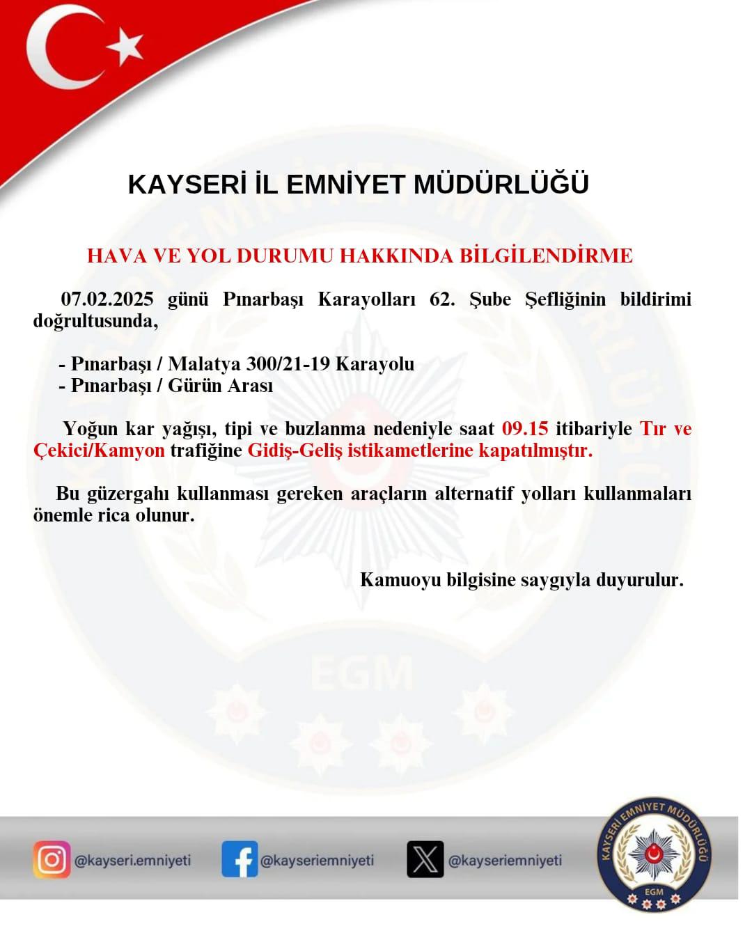 Kayseri'de Yoğun Kar Yağışı ve Buzlanma Nedeniyle Yol Kısıtlaması